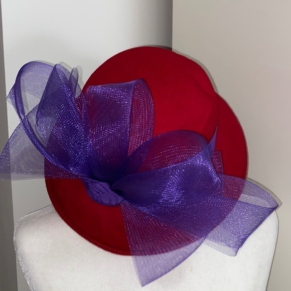 Red Hat Society Purple Ribbon Flower Derby Wool Hat Christmas Holiday Party - Picture 10 of 16
